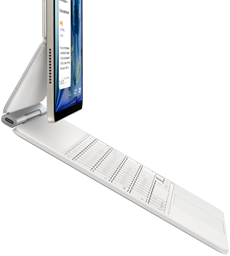 iPad Air, Starlight color, attached to Magic Keyboard, white color, side exterior