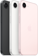 iPhone 17e, side and back exterior, black color, side and back exterior, white color, side and back exterior, soft pink color, Fusion camera at top, side button