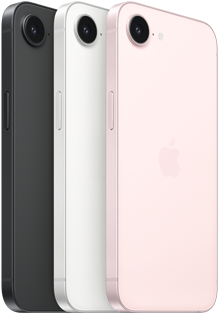 iPhone 17e, side and back exterior, black color, side and back exterior, white color, side and back exterior, soft pink color, Fusion camera at top, side button
