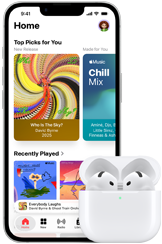 iPhone 17e, front exterior, Apple Music app with Home Screen open, next to AirPods 4 in open MagSafe Charging case