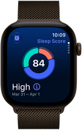 Apple Watch Series 12, aluminum case, dark bronze color, sleep score circle graph, Digital Crown, Milanese Loop band, dark bronze color