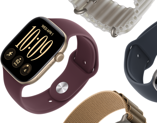 Four Apple Watch devices showcasing different band styles in various colors: two Sport Bands, Alpine Loop band, and Ocean Band