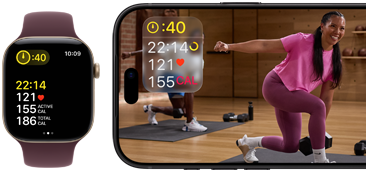 Apple Watch with vital stats next to iPhone displaying an Apple Fitness+ workout and same vital stats