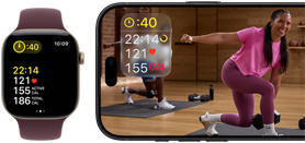 Apple Watch with vital stats next to iPhone displaying an Apple Fitness+ workout and same vital stats