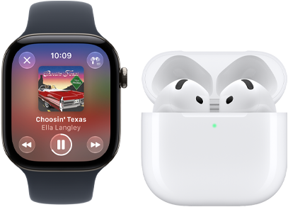Apple Watch device with black Sport Band displaying song playing, AirPods in charging case