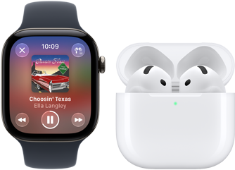 Apple Watch device with black Sport Band displaying song playing, AirPods in charging case