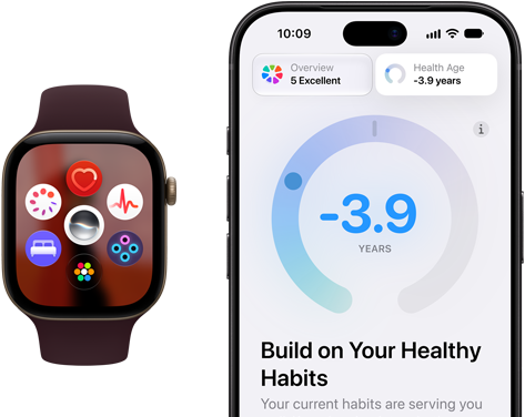 Apple Watch Series 12, aluminum case, black color, face with app icons: Cycle Tracking, heart rate, ECG, sleep tracking, Siri AI, Vitals, App Grid, burgundy Sport Band, iPhone with Health Age in the Health app