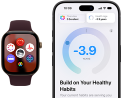 Apple Watch Series 12, aluminum case, black color, face with app icons: Cycle Tracking, heart rate, ECG, sleep tracking, Siri AI, Vitals, App Grid, burgundy Sport Band, iPhone with Health Age in the Health app