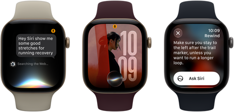 Three Apple Watch Series 12 devices, one with light gold aluminum case, Siri AI conversation, sand Sport Band, one with light gold aluminum case, personalized photo on watch face with Siri AI complication, burgundy Sport Band, and one with space gray aluminum case, Siri Recap, black Sport Band