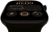 Apple Watch Series 12, aluminum case, dark bronze color, Modular watch face, complications: day and date, Workouts, Activity rings, Apple Music, right side exterior, Digital Crown, Sport Band, olive color