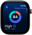 Apple Watch Series 12, aluminum case, space gray color, sleep score circle graph, right side exterior, Digital Crown